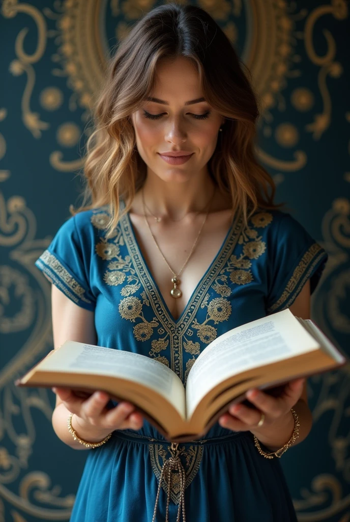 Create an image of a woman number 3 with an open numerological book or study in her hands, with blue and gold details. Show female hands ping through pages, to give a human and specific touch.