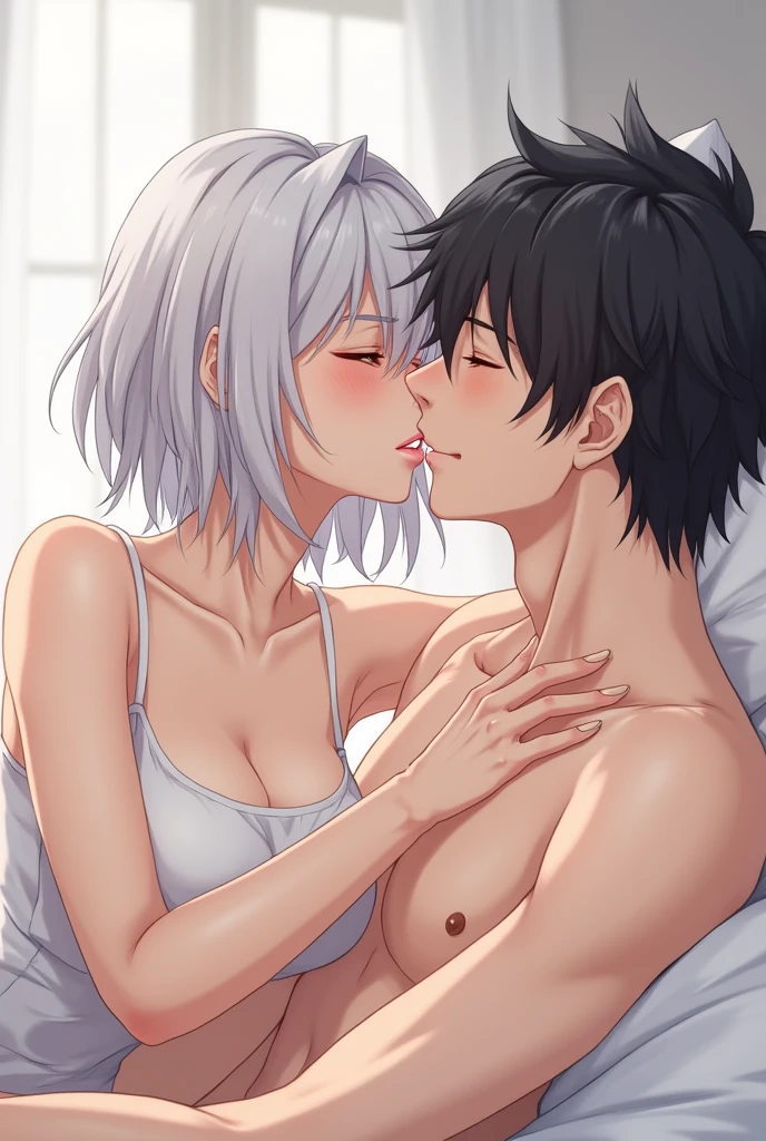 (all-body), getting on all fours, boy, femboy, skin fair, White hair, grey-eyed, rainbow tattoo on arm, lain, small dick, niplles, with pleasure, dick in the face, ahegao, without running down your face, glad, shivering, being penetrated by a penis, background of a room, fluffly