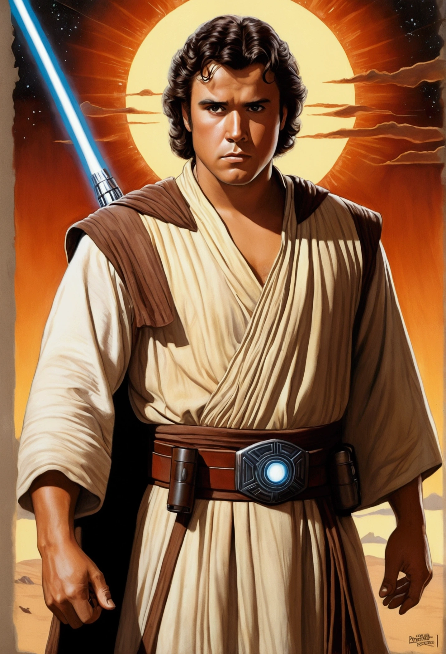 An illustrated movie poster, hand-drawn, full color, a Jedi Knight, 25-years-old, male, wearing a tunic shirt, portly figure, broad shoulders, muscular, hairy body, lost of body hair, brown eyes, brown-black hair, curly voluminous mane, sun-tanned skin, resembles Gavin Leatherwood, standing in a seedy cantina, graphite shading, stencil marks, airbrushed acrylic paint, masterpiece, in the style of Drew Struzan
