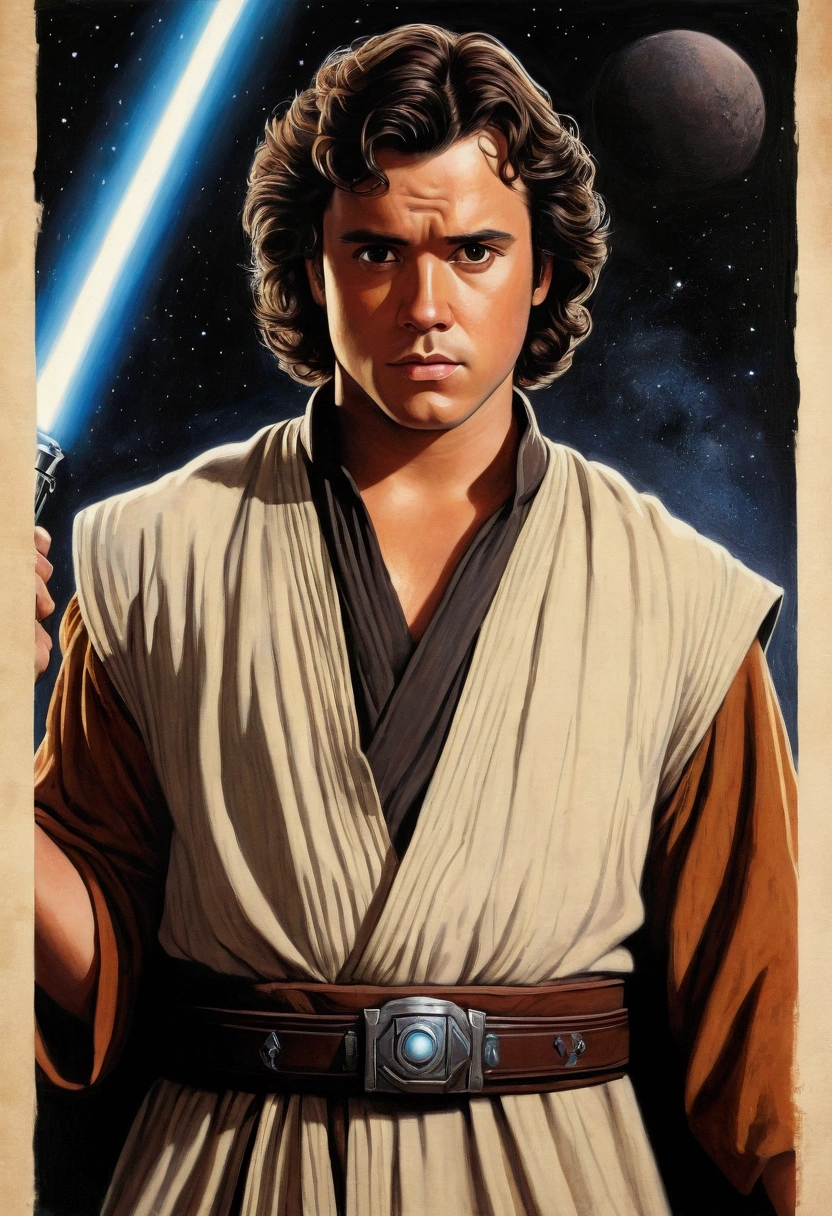 An illustrated movie poster, hand-drawn, full color, a Jedi Knight, 25-years-old, male, wearing a tunic shirt, portly figure, broad shoulders, muscular, hairy body, lost of body hair, brown eyes, brown-black hair, curly voluminous mane, sun-tanned skin, resembles Gavin Leatherwood, standing in a seedy cantina, graphite shading, stencil marks, airbrushed acrylic paint, masterpiece, in the style of Drew Struzan