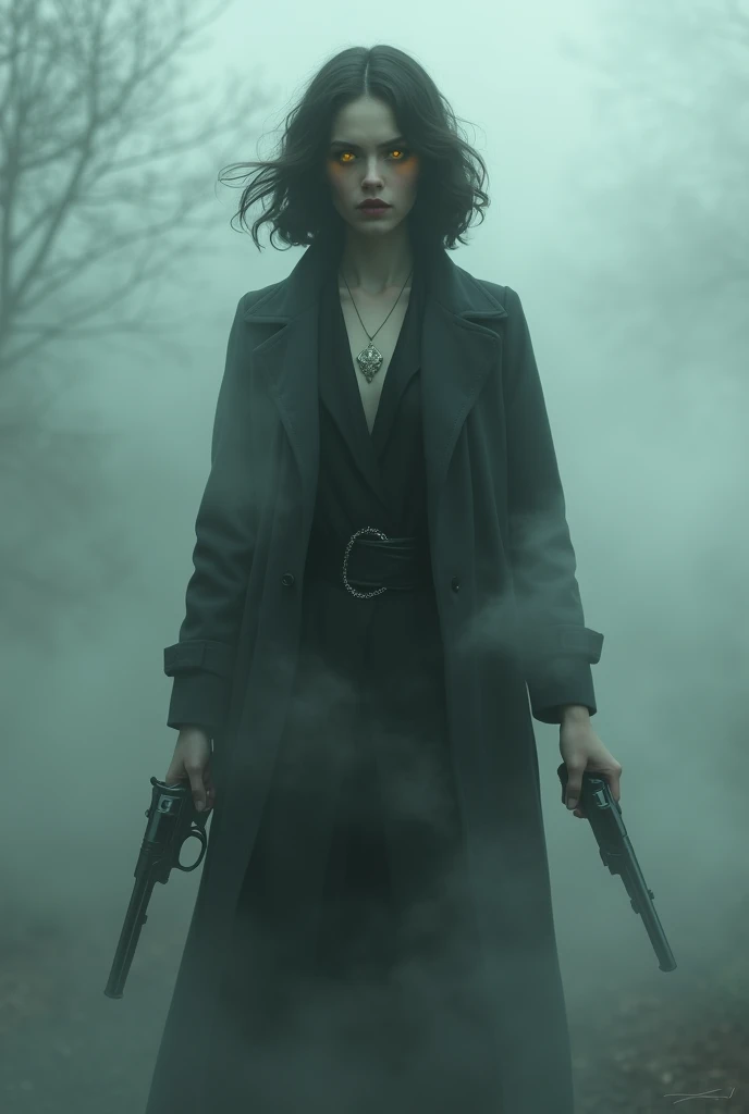 A beautiful woman emerges from a shroud of dense fog.  She has glittering yellow eyes, dark black hair and very pale skin.  The woman is dressed in the 1920s style and is wearing a long trenchcoat and is holding a gleaming revolver in her right hand.