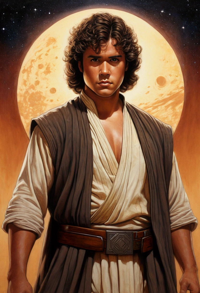 An illustrated movie poster, hand-drawn, full color, a Jedi Knight, 25-years-old, male, wearing a tunic shirt, portly figure, broad shoulders, muscular, hairy body, lost of body hair, brown eyes, brown-black hair, curly voluminous mane, sun-tanned skin, resembles Gavin Leatherwood, standing in a seedy cantina, graphite shading, stencil marks, airbrushed acrylic paint, masterpiece, in the style of Drew Struzan