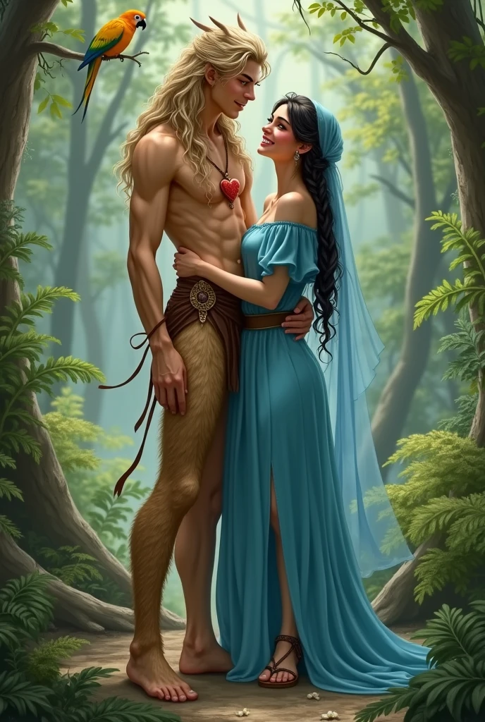 A handsome, thin young man with long beige hair down to his knees. He is bare-chested and tanned.. Legs are fluffy, covered with brown fur, all fur, he is still a faun or a satyr. He is very young.. Looks only . Facial features are masculine, Asian. He is thin built.. He has a red heart pendant on his chest. He is being embraced by a woman in a bright blue floor-length tunic.. The woman has black braids down to the ground. On the head is a translucent veil reaching to the floor. The woman's eyes are green. There is a brown belt on the tunic. Shoes women brown greek sandals. Woman smiling. She has tanned skin and a pink blush on her face.. Forest background with ferns. The woman has floor-length braids. In the background there is a yellow parrot.