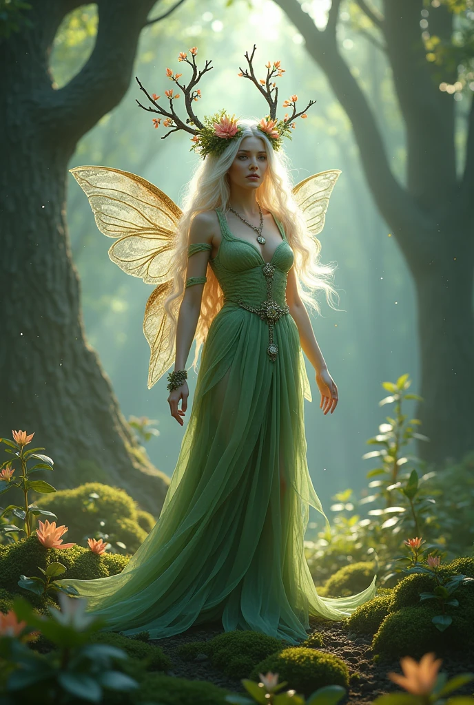 (best qualityer,4K,8k,alta refloorução,work of art:1.2),ultra detali,(realisitic,photorealisitic,photo-realisitic:1.37),forst,captivating female Dryad creature,Enchanted ethereal landscape,lush vegetation,majestic ancient trees,Lumiere floorar mágica fluindo através dos galhos,soft, shiny moss covering the ground,Wings of branches and flowers,delicate flowers blooming around you,fascinating eyes that emit a soft glow,serene expression,graceful pose,artistic interpretation,Subtle color palette,mystical atmosphere,playful and whimsical elements,mesmerizing presence,harmonious blend of the Dryad with her surroundings,feeling of immersive fantasy,natural and realisitic lighting, queen with crown of thorns and flowers, Druid, powerful, magie, Lumiere, floor, naturey