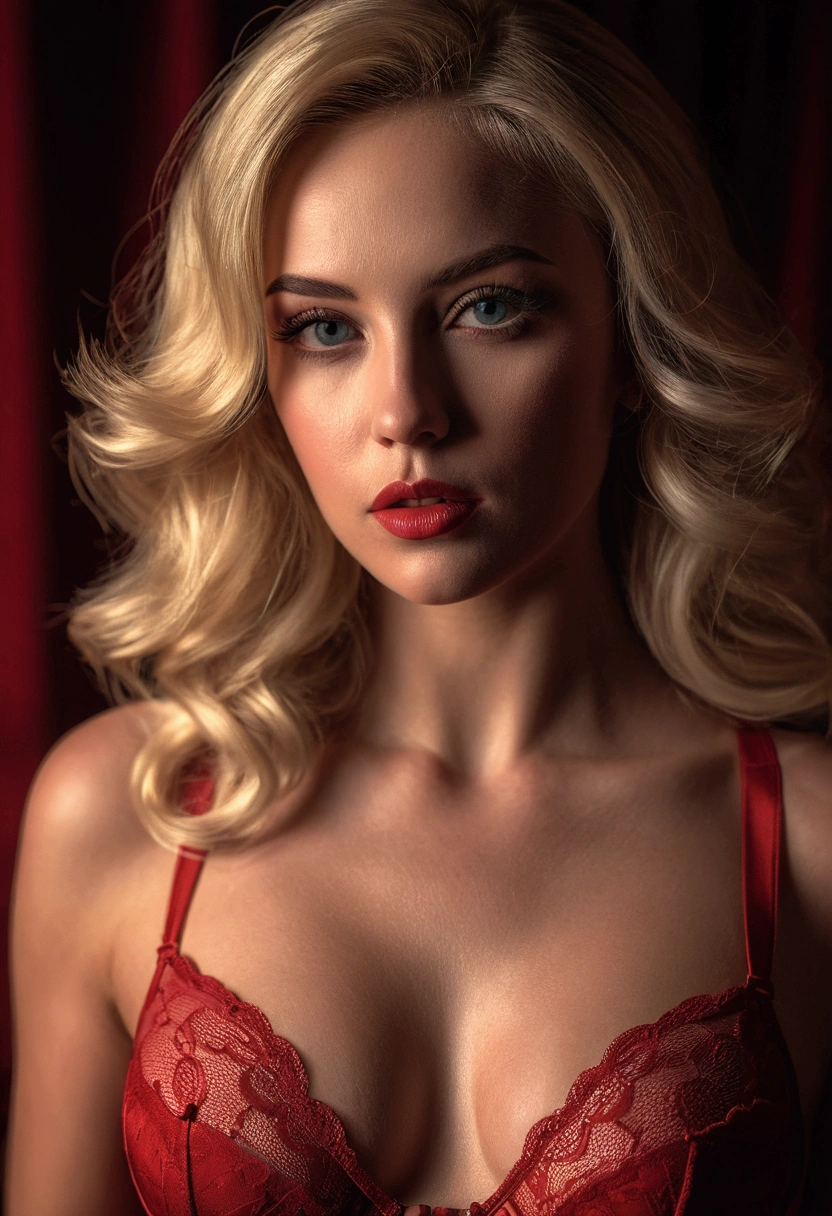 A sexy blonde woman in red lingerie, detailed facial features, beautiful eyes and lips, photorealistic, 8k, highly detailed, chiaroscuro lighting, dramatic lighting, cinematic, dramatic shadows, moody colors, warm colors