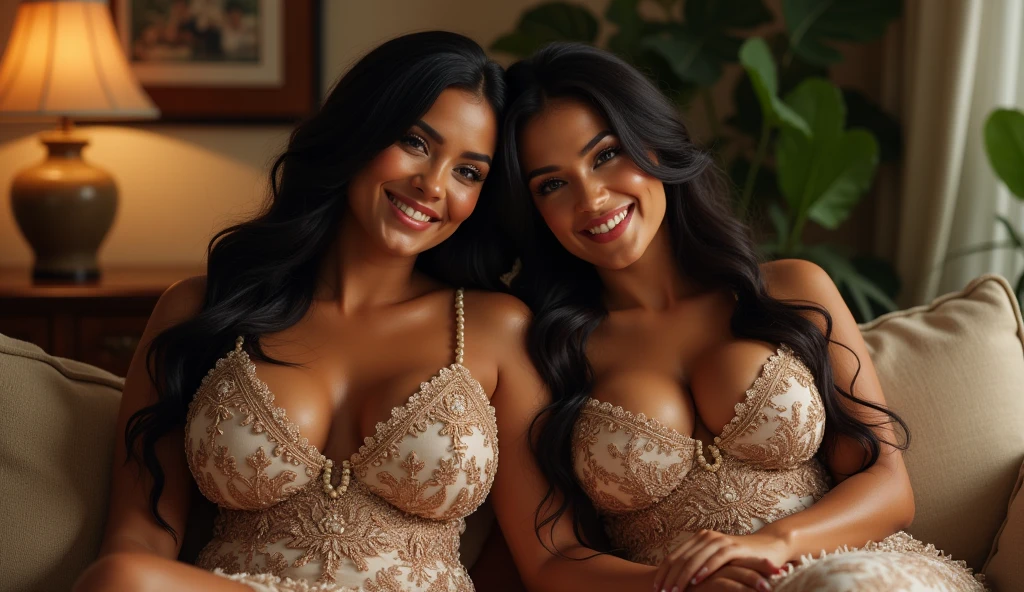 Voluptuous Latin woman, long and detailed hair,pretty clothing, perfectbody, she is sitting on the couch with another latina woman,They are wearing a lot of clothes and they are smiling, ultrarrealisitic, extremely detaild, photoshot_\( ultra\), photoshotrealisitic, realisitic, Post-processing, Maximum details, roughness, real-life, ultrarealisitic, photoshotrealism, photoshotgraphy, 8k hd, photoshotgraphy