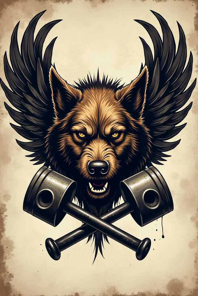 Make a coat of arms for a motorcycle club with an angry mongrel dog in the middle with a scar over its right eye, wings coming out from behind him and two crossed pistons