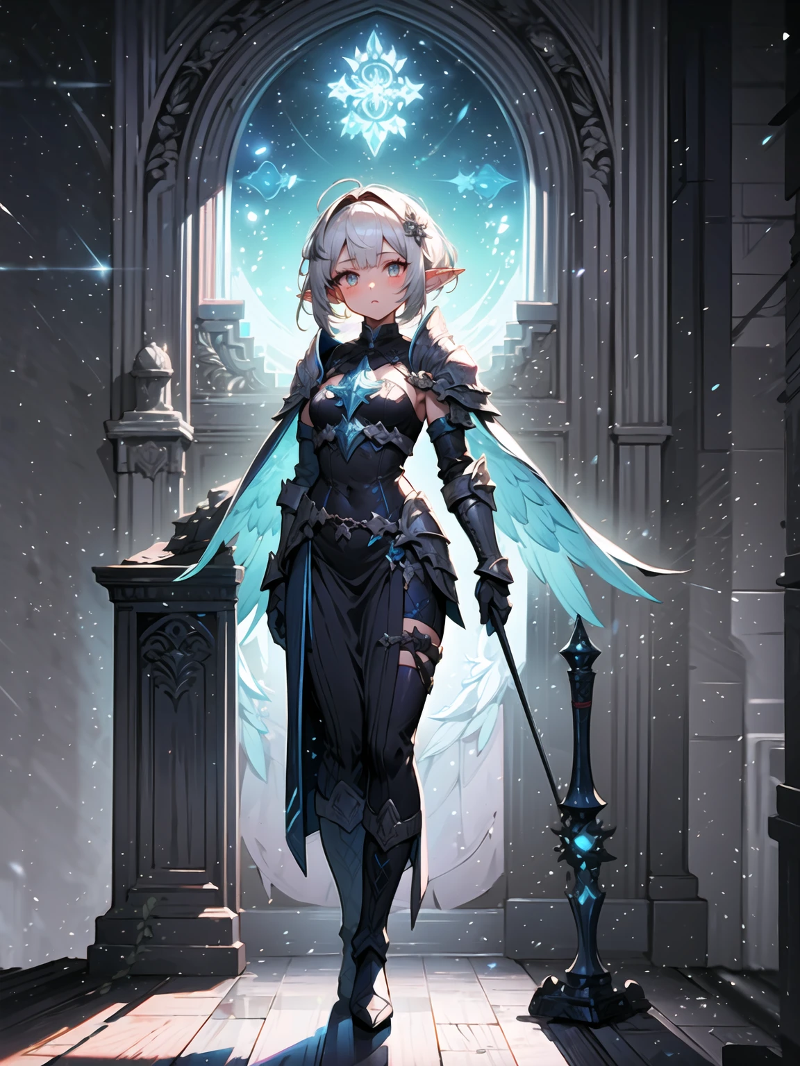 (((masterpiece, best quality, high detailed, 4k))) Design a layout showcase Gaming character, (1girl). Purple|Black clothes, stylish and unique. ((showcase weapon:1.4)), holy majestic spear. (luminous lighting, atmospheric lighting). arcane elf, ((glove full hands)), revealing clothes, vambraces, armored legwear, full body shot. {In a mystical library}. (zentangle, mandala, fractal art:1.3), maxiskirt, dress conservatively, (elf:1.2), solo, full body, wide shot, standing with white boots, holding spear down, blunt bangs, hair between eyes, white hair, golden eyes, long hair, elf ears, Valkyrie white armor, angel, chest protector, side bang, looking at viewer, dynamic pose, art style by Artgerm, by Kawacy, by Wadim Kashin, BREAK, eyelashes, eyeshadow, pink eyeshadow.