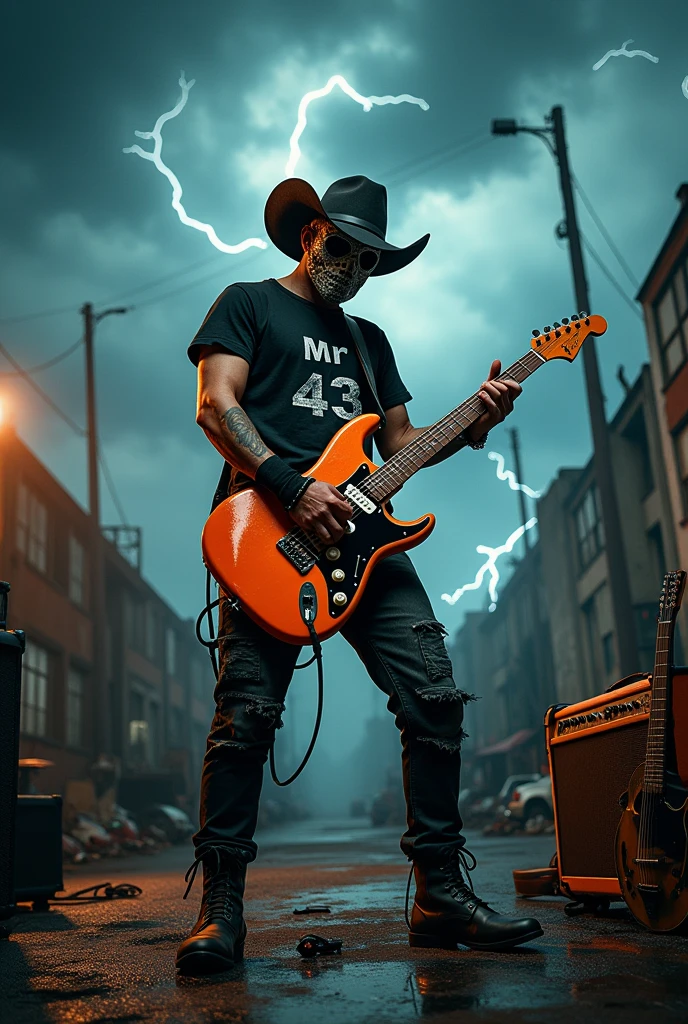 GAME cover wide photo, rockers musician man with hockey mask with coboy hat , casual black tshirt , Mr 43 is the label of the t shirt , standing with the orange ibanez electric guitar and speaker amplifier on gound , playing death sympony , backgound thunder strom in the junkyard big thunder from the guitar Fx
