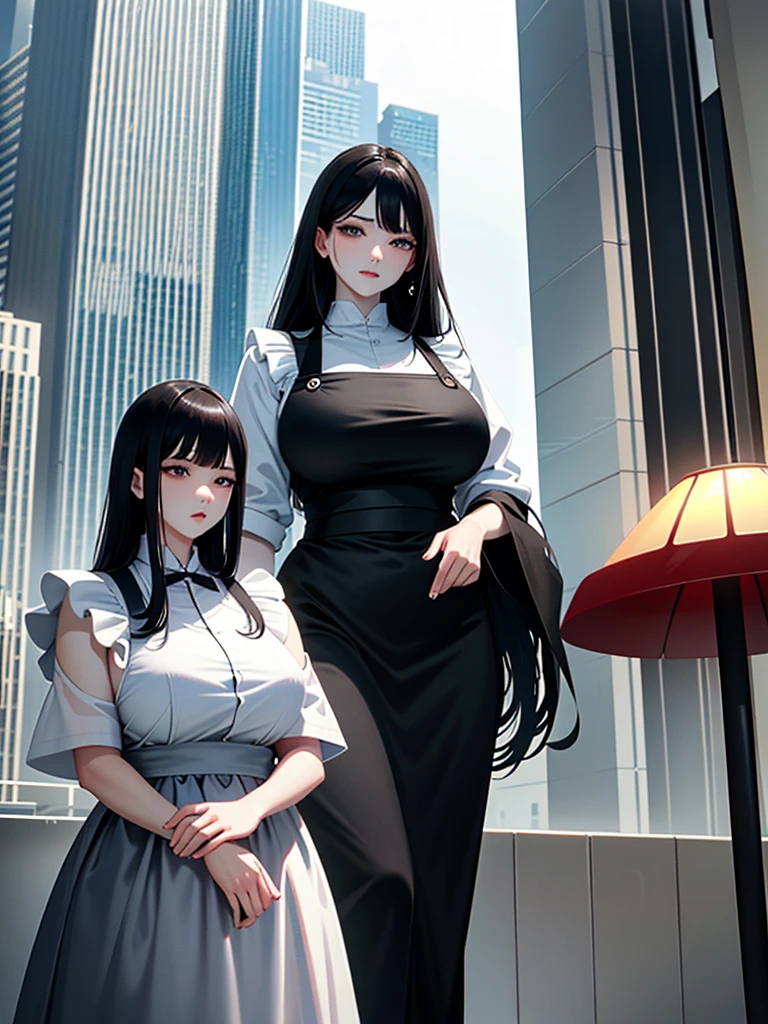 Masterpiece、High resolution、Detailed expression、(Huge beauty:1.3)、Natural Fingers、Black Hair、18 meters tall、Married Woman、apron、Troubled face、Comparison with high-rise buildings