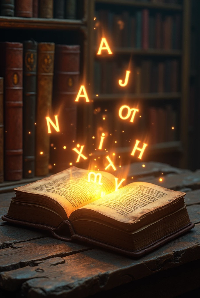 An old book from which bright letters fly out and illuminate a dark place. More books around. Horizontal image.