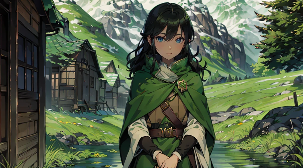 yuichiro hyakuya girl, (WithoutFear:1), 1 girl, black hair, green eyes, brown coat, gray armor, elves, sylvan, green shield, green cloak, dark brown gloves, forest, white fur trim, anime, standing, good quality, portrait, looking at viewer