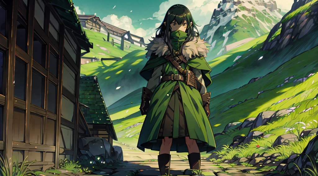 yuichiro hyakuya girl, (WithoutFear:1), 1 girl, black hair, green eyes, brown coat, gray armor, elves, sylvan, green shield, green cloak, dark brown gloves, forest, white fur trim, anime, standing, good quality, portrait, looking at viewer