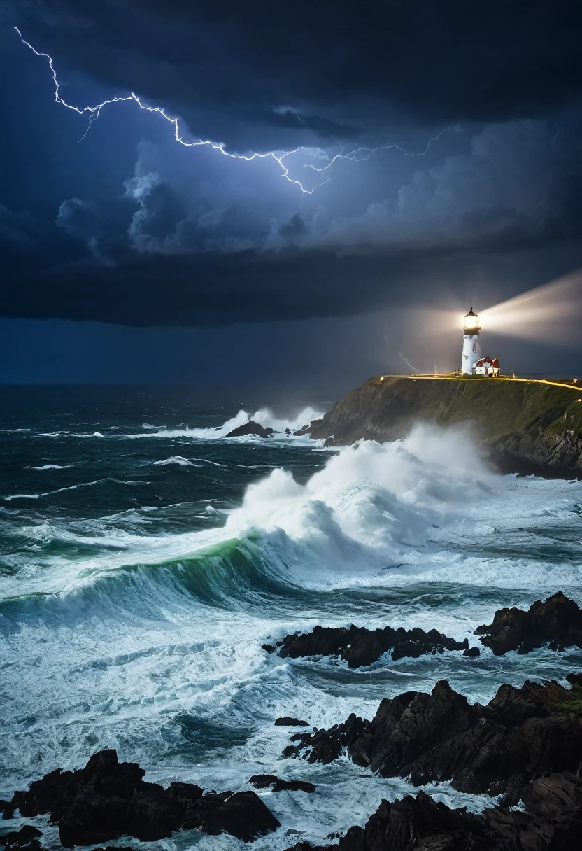 Lighthouse, Stormy night, crashing waves, nighttime, light beam, realistic 