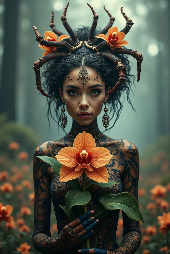 A captivating mysterious figure with infinite eyesight and focus. The female figure is adorned with intricate patterns and details of (Mexican flame tarantula), radiating within a dawn chorus. she holds an orchid exploded, deep spider stardust waterfalls radiating concentric circles. The background is a blend of a distant expansive of foggy surreal landscapes, deep shadows, and vibrant flowers, symbolizing the beauty and diversity of nature. The overall ambiance of the image is serene and contemplative, with an air of mysticism., portrait photography, photo, conceptual art, illustration, poster