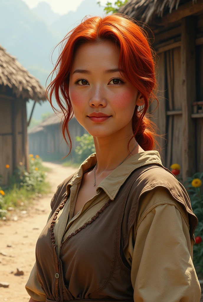 Middle aged woman, Asian, Red hair, peasant