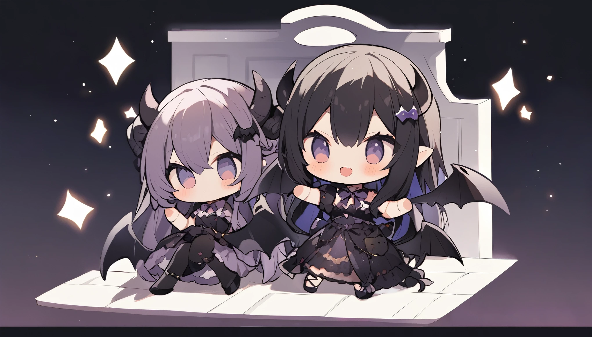 Chibi Doll(Black sheep horns、There is a hair ornament on the corner、Bat Wings、Devil's Tail、Embarrassed blushing smile、Double teeth、Himesode、Red, white, and black clothing、Shorts、Legs style、Chain Choker、Cute Shoes、Turn around、wave hands)