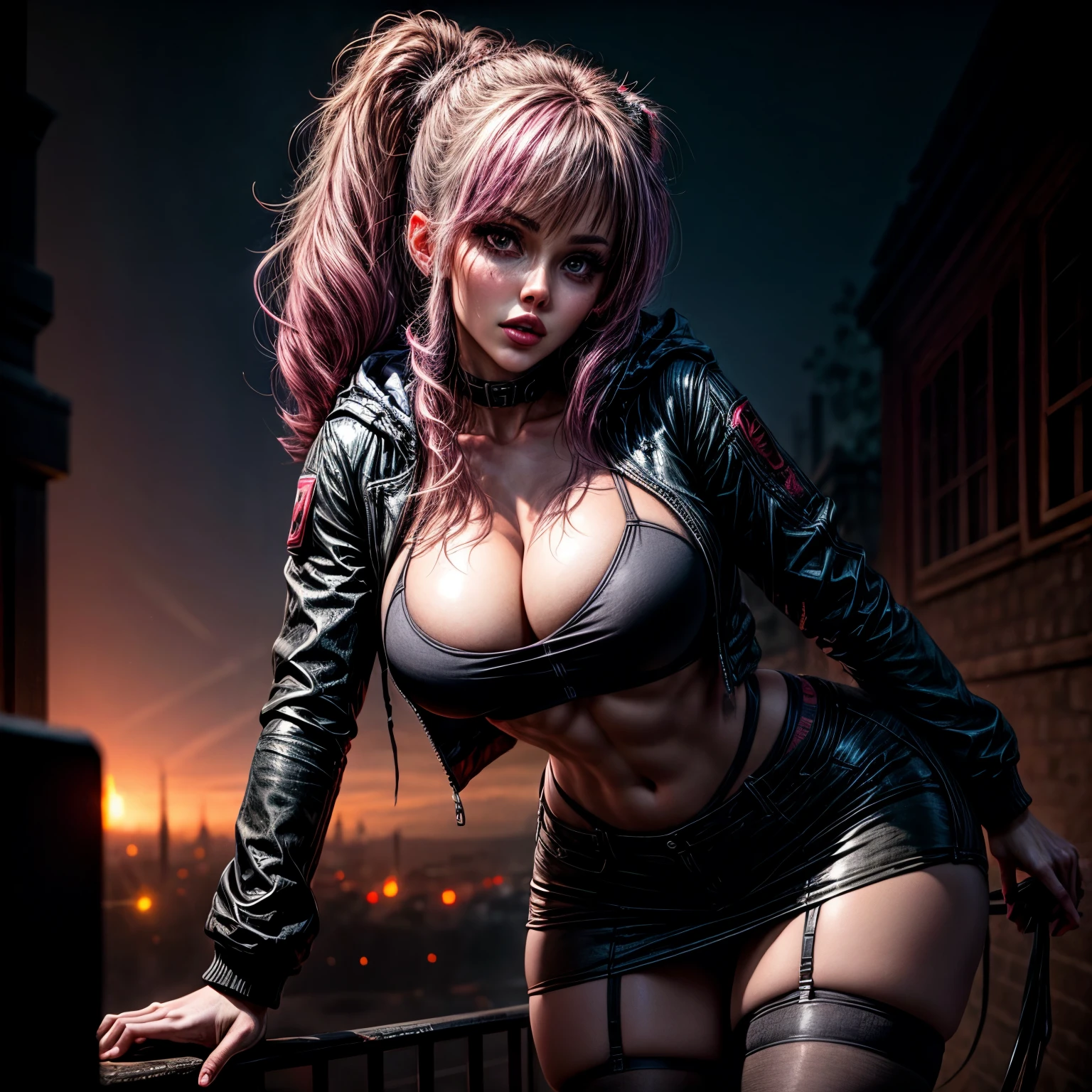 goth punk Girl rocking out, pink hair, pink eyes, heavy eyeliner, hoodie, jacket, miniskirt, thigh highs. on black canvas in the style of guillem h. pongiluppi, abigail larson, ominous landscapes, john sloane, light gray and pink, energy-filled illustrations