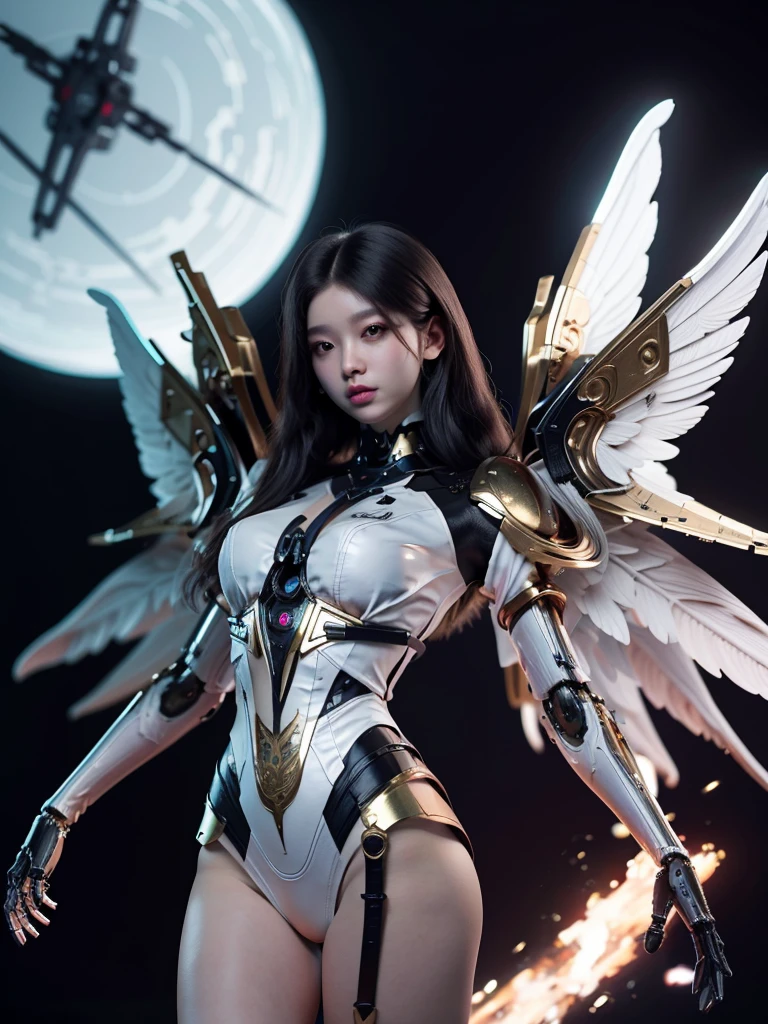(1girl:1.2),wings,(solo:1.2),color patches,left and right different colors,contrast,with a futuristic wing, mechanical wings,wings, science fiction, eyeshadow, single mechanical arm, gloves, mecha musume, cowboy shot, left black right white, black,gold, silk stockings, hkstyle, style of epic cinematic, amazing quality