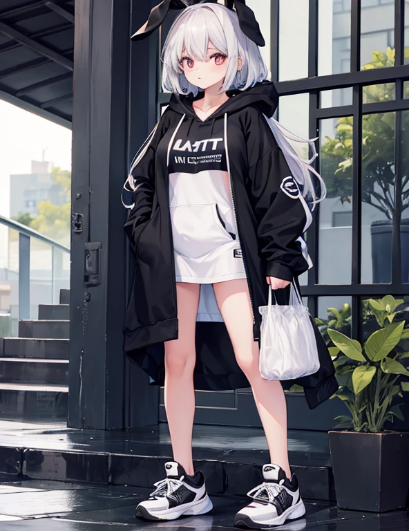 1 female,Black Bunny Hoodie,Het Fong,Black and white sneakers,Are standing,whole,tits,Wearing a diaper,