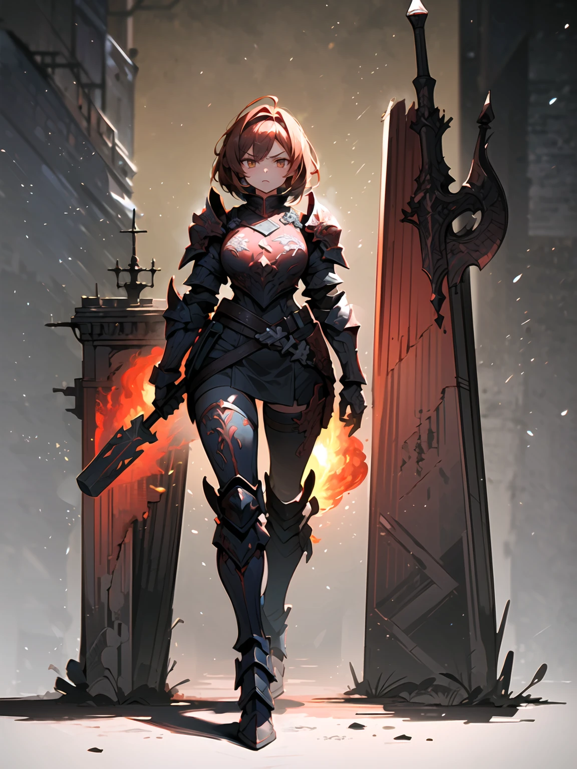 (((Masterpiece, best quality, 16k))) female character with short red hair and dark brown eyes. She wears a dragon-themed armor in black, red, and gold. wields a massive war hammer. The character has an angry expression, with a burning battlefield as the background. ((full body front view)). ((slender)), (extremely detailed:1.5), (short red hair:1.2), (dark brown eyes:1.2), (burning battlefield:1.1), (dragon-themed armor:1.3), (massive war hammer:1.3).