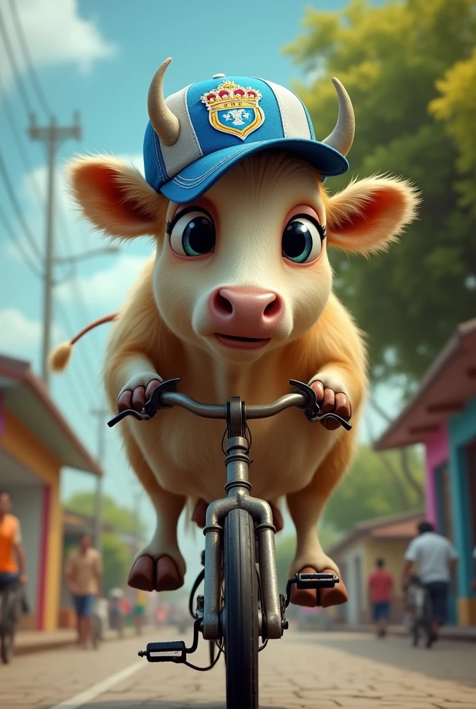 Cow riding a bicycle with a cap from the Millonarios club of Colombia
