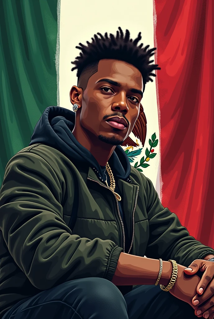 Image of rapper Lefty SM with the Mexican flag and eagle in the background