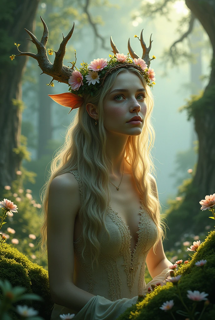 (best qualityer,4K,8k,high resolution,work of art:1.2),ultra detali,(realisitic,photorealisitic,photo-realisitic:1.37),forst,captivating female Dryad creature,Enchanted ethereal landscape,lush vegetation,majestic ancient trees,Magical sunlight flowing through the branches,soft, shiny moss covering the ground,delicate flowers blooming around you,fascinating eyes that emit a soft glow,serene expression,graceful pose,artistic interpretation,Subtle color palette,mystical atmosphere,playful and whimsical elements,mesmerizing presence,harmonious blend of the Dryad with her surroundings,feeling of immersive fantasy,natural and realisitic lighting, queen with crown of thorns and flowers