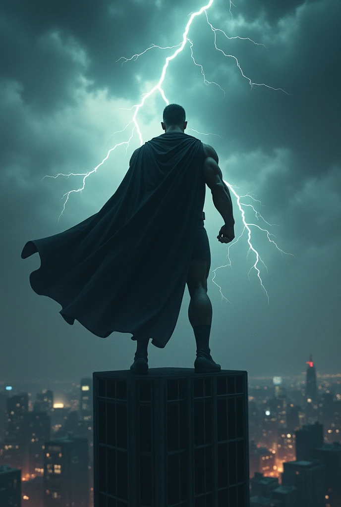 Uma super heroina 	1.	Stormy Scenery: Imagine the superhero standing on top of a skyscraper, with a violent storm in the background. Lightning illuminates the scene, and the hero has his back turned, gazing at the horizon, perhaps holding the cloak that sways in the wind.