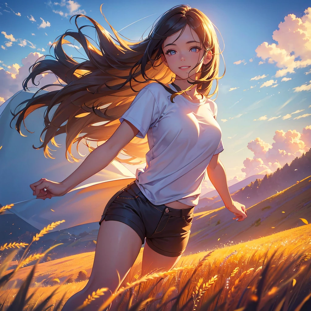 a girl running through a wheat field, holding the viewer's hand, smiling, wearing shorts and a t-shirt, against a backdrop of blue sky and billowing clouds, beautiful detailed eyes, beautiful detailed lips, extremely detailed eyes and face, long eyelashes, (best quality,4k,8k,highres,masterpiece:1.2),ultra-detailed,(realistic,photorealistic,photo-realistic:1.37),landscape,vibrant colors,natural lighting,golden hour
