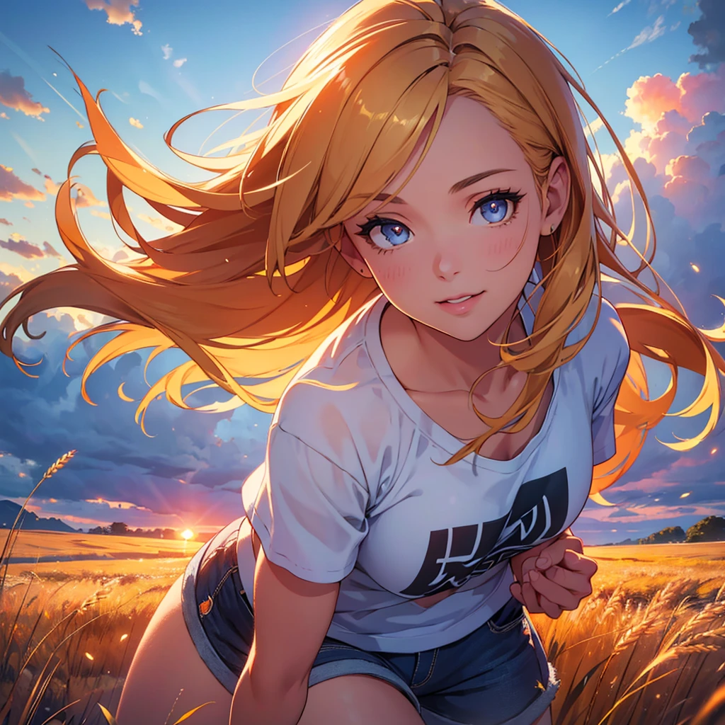 a girl running through a wheat field, holding the viewer's hand, smiling, wearing shorts and a t-shirt, against a backdrop of blue sky and billowing clouds, beautiful detailed eyes, beautiful detailed lips, extremely detailed eyes and face, long eyelashes, (best quality,4k,8k,highres,masterpiece:1.2),ultra-detailed,(realistic,photorealistic,photo-realistic:1.37),landscape,vibrant colors,natural lighting,golden hour