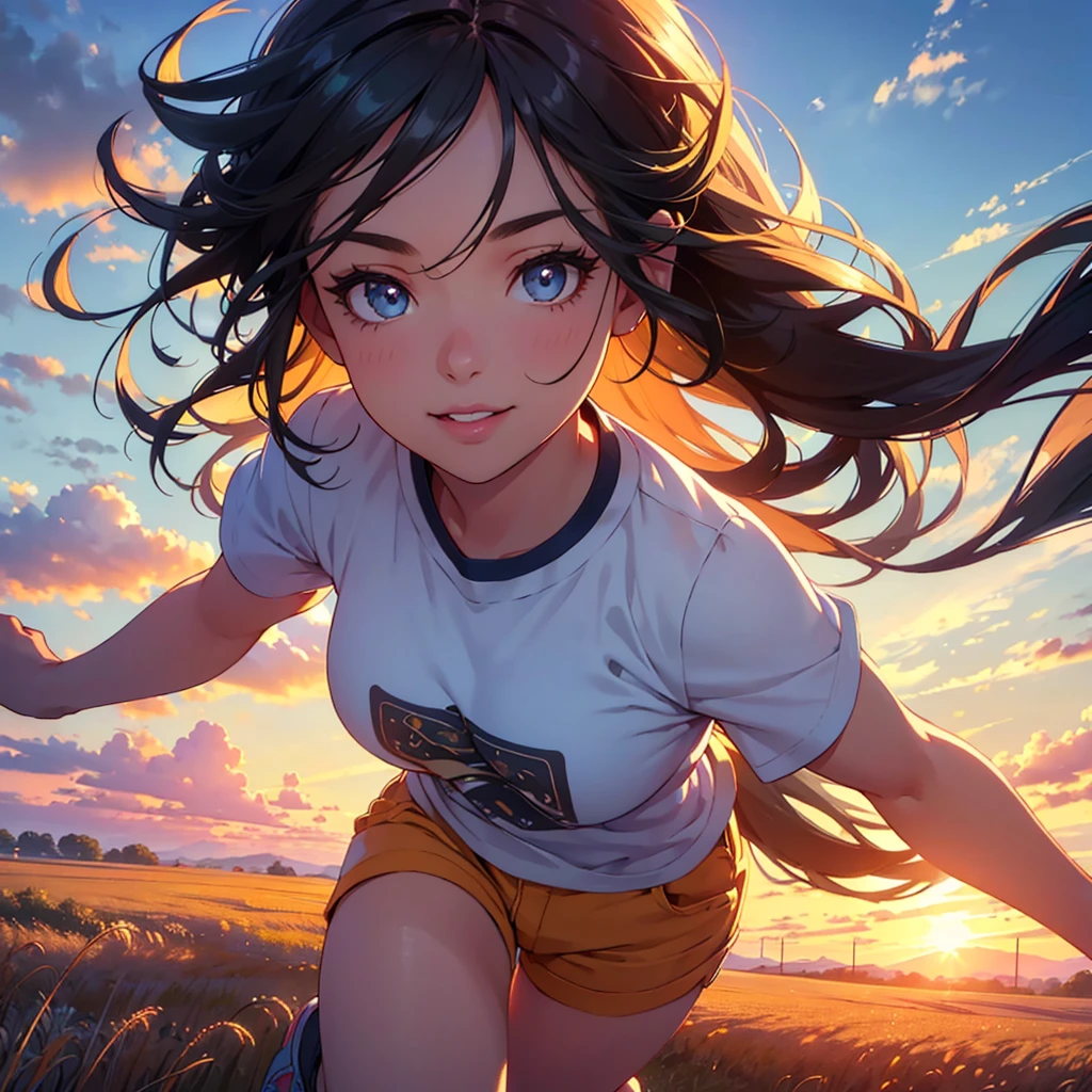 a girl running through a wheat field, holding the viewer's hand, smiling, wearing shorts and a t-shirt, against a backdrop of blue sky and billowing clouds, beautiful detailed eyes, beautiful detailed lips, extremely detailed eyes and face, long eyelashes, (best quality,4k,8k,highres,masterpiece:1.2),ultra-detailed,(realistic,photorealistic,photo-realistic:1.37),landscape,vibrant colors,natural lighting,golden hour