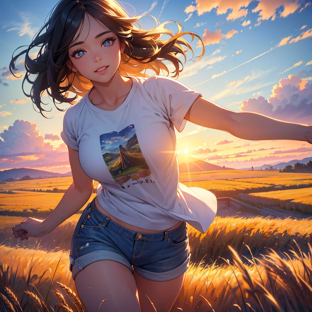 a girl running through a wheat field, holding the viewer's hand, smiling, wearing shorts and a t-shirt, against a backdrop of blue sky and billowing clouds, beautiful detailed eyes, beautiful detailed lips, extremely detailed eyes and face, long eyelashes, (best quality,4k,8k,highres,masterpiece:1.2),ultra-detailed,(realistic,photorealistic,photo-realistic:1.37),landscape,vibrant colors,natural lighting,golden hour