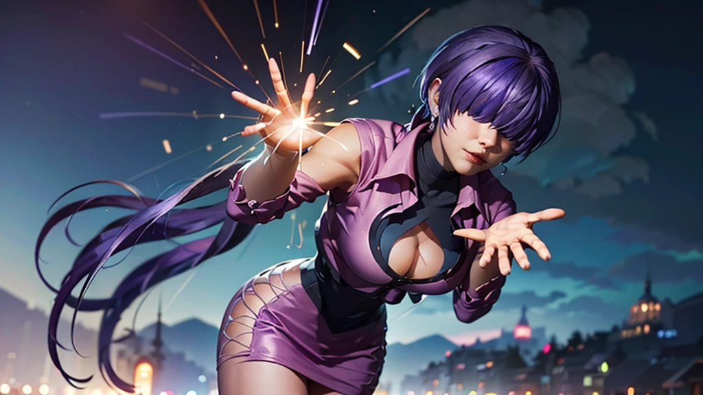 (at night), alone, in a video game scene a background of a beautiful city during the day raining, standing at attention, purple hair, ((purple hair)), 1 girl, alone, 20 years old, young woman, perfect hands , beautiful and perfect symmetrical fingers, beautiful long legs, perfect legs, beautiful body, beautiful nose, beautiful character design, perfect face, look at the viewer (focusing on the entire character), closed mouth, Light_Smile, official art, wallpaper Extremely detailed CG unity 8k, perfect lighting, bright and colorful front lighting, glowing skin (masterpiece: 1.0), (best quality: 1.0), ultra high resolution, 4K, ultra detailed photography, 8K, HDR, high resolution, nonsense: 1.2, Kodak portra 400, film grain, blurred background, bokeh: 1.2, lens flare, (vibrant_color: 1.2), professional photography, (beautiful_face: 1.5), (narrow waist),
