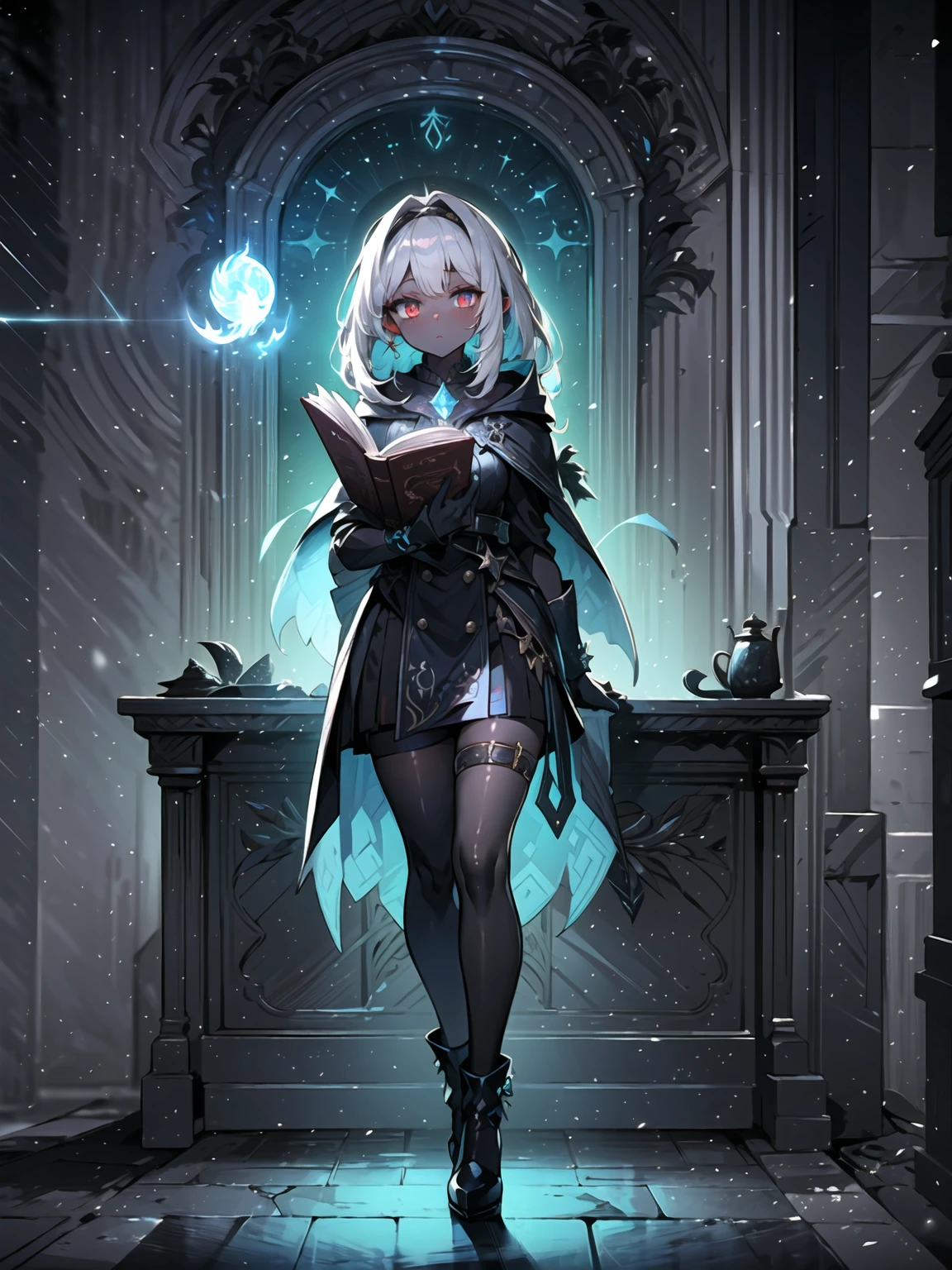 (((masterpiece, best quality, high detailed, 16k))) (1girl) A powerful sorceress with long, cascading hair that transitions from deep midnight blue to bright silver at the tips. Her sharp, golden eyes gleam with intelligence, and she is adorned in robes of rich burgundy and black, decorated with ancient arcane symbols. In her hand, she holds a large, open book filled with glowing spells. ((full body view)),(devil:1.3), (pure black skin:1.3), (dynamic angle:1.2).