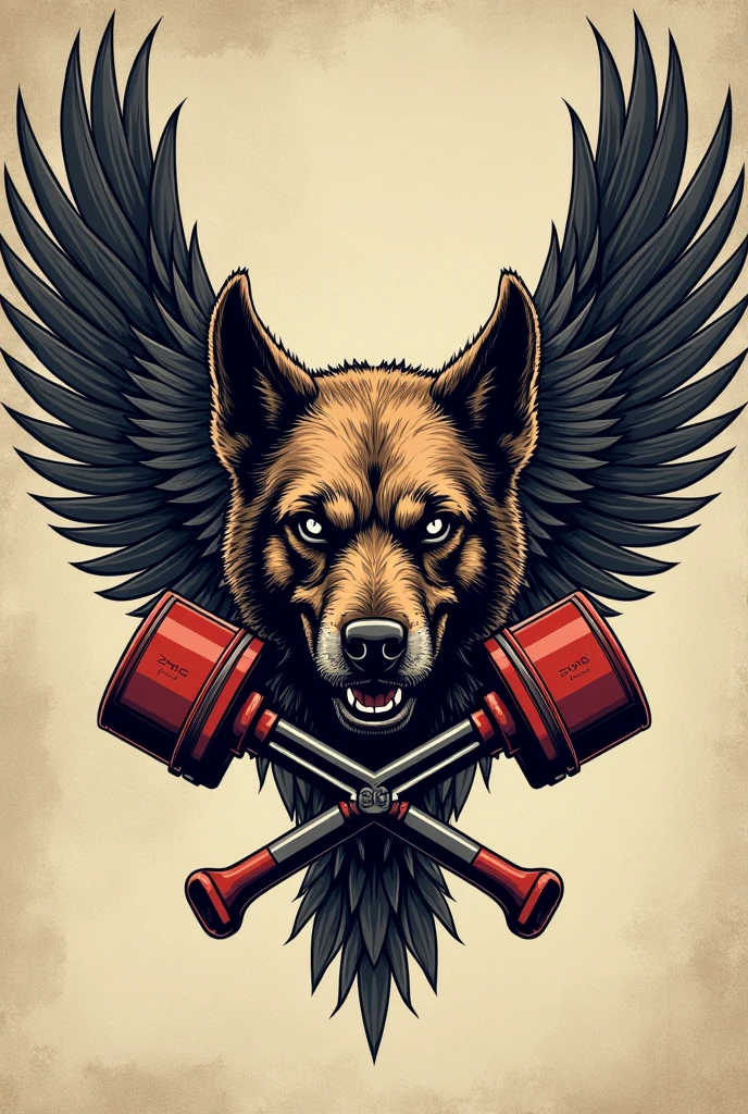 Make a coat of arms for a motorcycle club with an angry mongrel dog in the middle with a scar over its right eye, wings coming out from behind him and two crossed pistons
