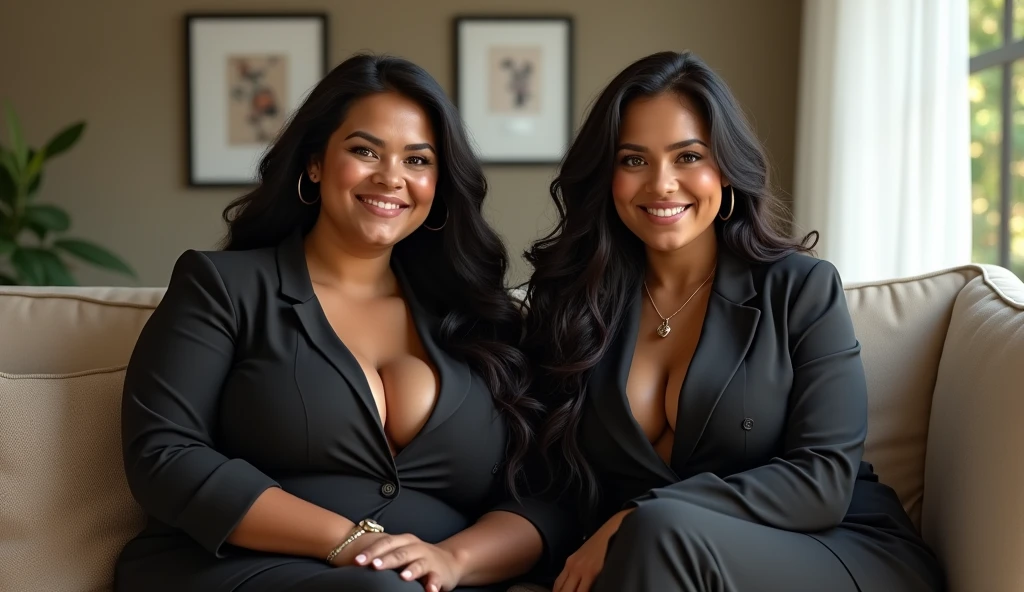 Voluptuous Latin woman, long and detailed hair,pretty clothing, perfectbody, she is sitting on the couch with another latina woman,They are wearing work clothes and are smiling, ultrarrealisitic, extremely detaild, photoshot_\( ultra\), photoshotrealisitic, realisitic, Post-processing, Maximum details, roughness, real-life, ultrarealisitic, photoshotrealism, photoshotgraphy, 8k hd, photoshotgraphy