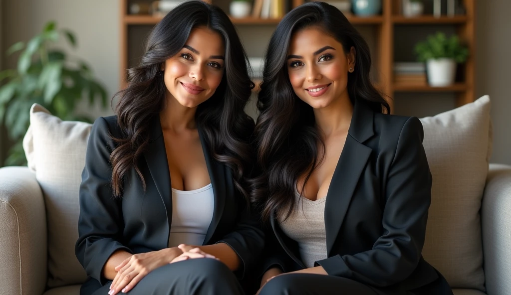 Voluptuous Latin woman, long and detailed hair,pretty clothing, perfectbody, she is sitting on the couch with another latina woman,They are wearing work clothes and are smiling, ultrarrealisitic, extremely detaild, photoshot_\( ultra\), photoshotrealisitic, realisitic, Post-processing, Maximum details, roughness, real-life, ultrarealisitic, photoshotrealism, photoshotgraphy, 8k hd, photoshotgraphy