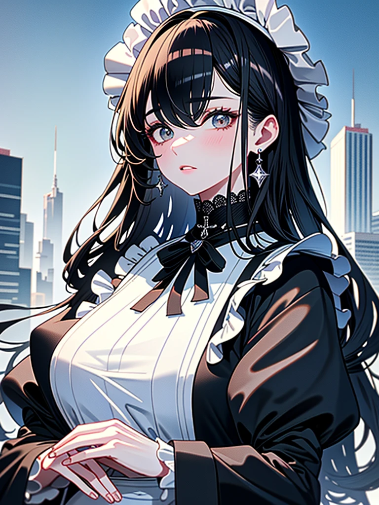 Masterpiece、High resolution、Detailed expression、(Huge beauty:1.3)、Natural Fingers、Black Hair、18 meters tall、Married Woman、apron、Troubled face、Comparison with high-rise buildings