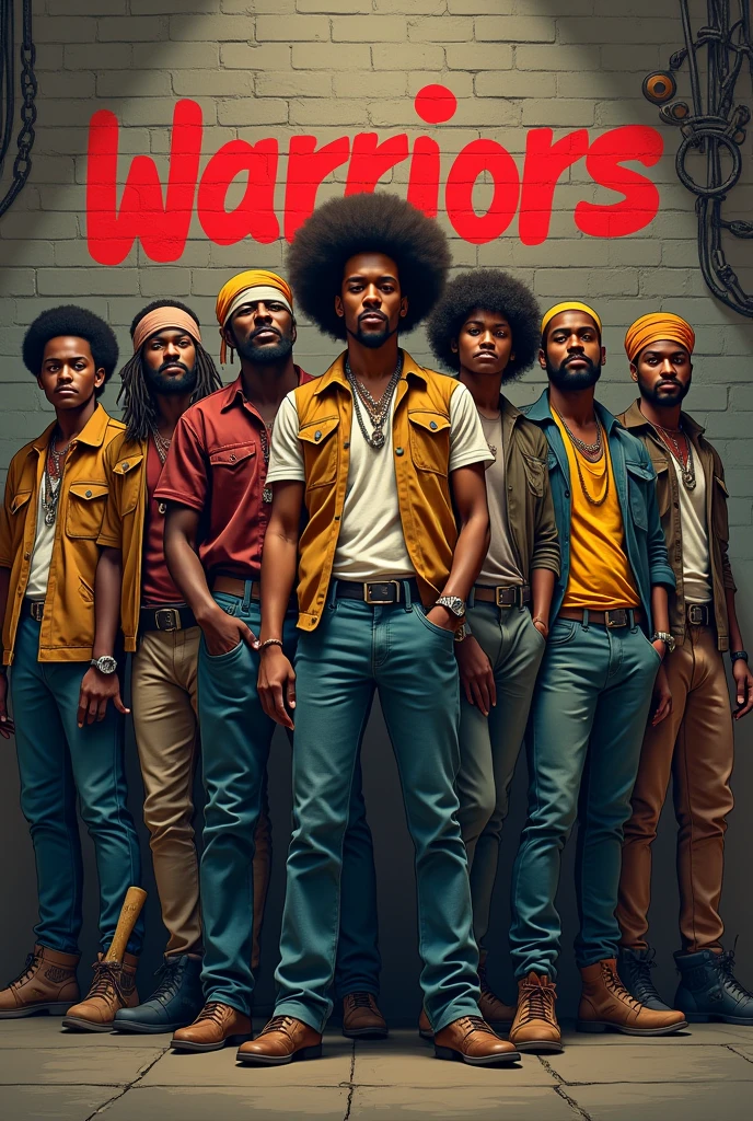 Stylized, illustrated image featuring a group of nine individuals standing in front of a brick wall with the word 'Warriors' spray-painted in red graffiti. The characters are dressed in 1970s-inspired attire, including vests, bandanas, and various accessories. The group consists of diverse individuals with varying skin tones and hairstyles, including afros, headbands, and hats. Some characters are holding props such as a baseball bat and a chain. The overall color scheme includes earthy tones with pops of red and yellow, matching the graffiti and some clothing items. The background features a gradient from dark to light, adding depth to the scene, hyper-detailed, gears, circuits, wires, dark and gritty cyberpunk style, dramatic lighting, cinematic composition, extremely high quality, 8k, photorealistic, award winning digital art