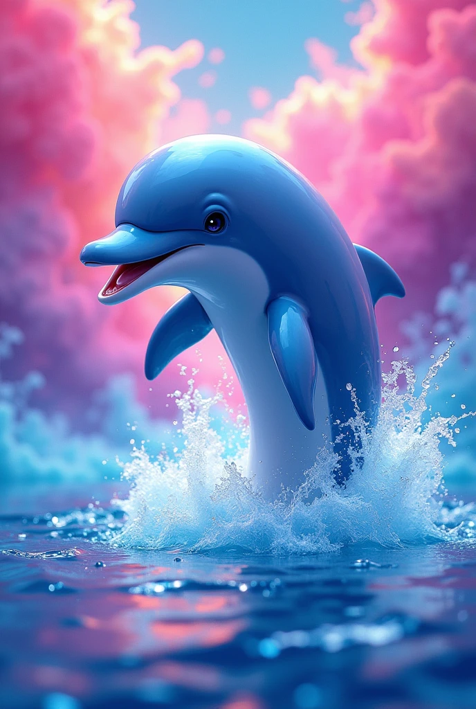 Dolphin coming out of the sea with a super colorful background with lots of pink color, purple, blue, that the image is 4x4 and something super cute