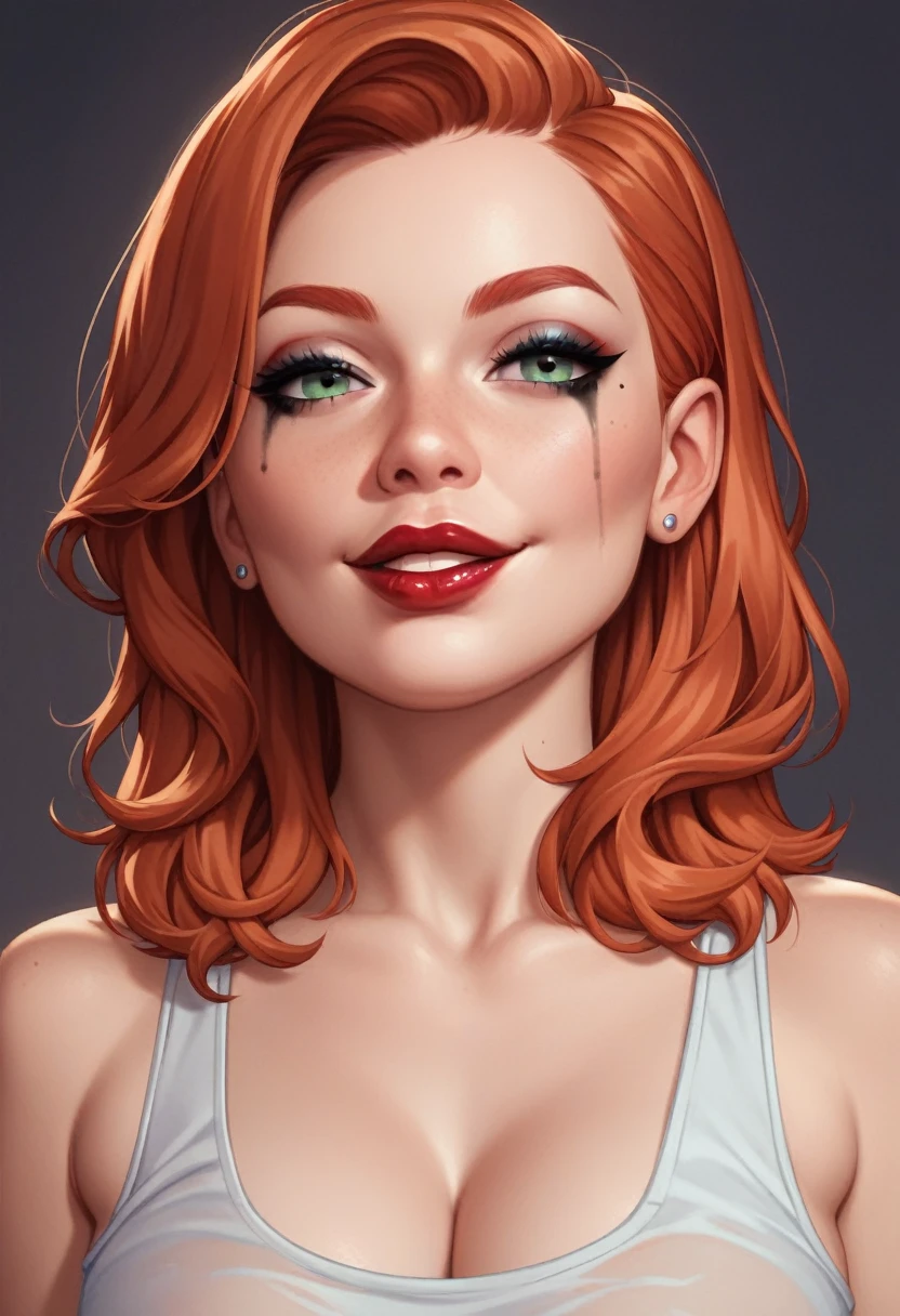  young Caucasian woman (((redhead))), (((eyes light grey))), thin face, full lips, (red lipstick), ((basic makeup))), large big and natural breasts, medium hair, seductive smile, wearing a transparent tank top,