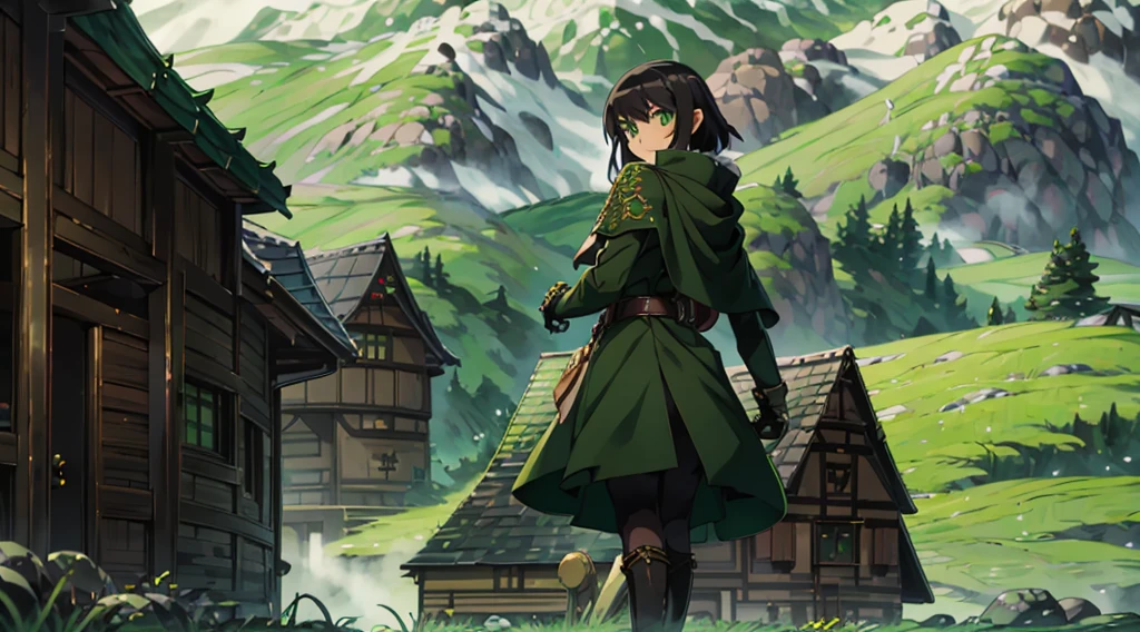 yuichiro hyakuya girl, (WithoutFear:1), 1 girl, black hair, green eyes, brown coat, gray armor, elves, sylvan, green shield, green cloak, dark brown gloves, forest, white fur trim, anime, standing, good quality, portrait, looking at viewer