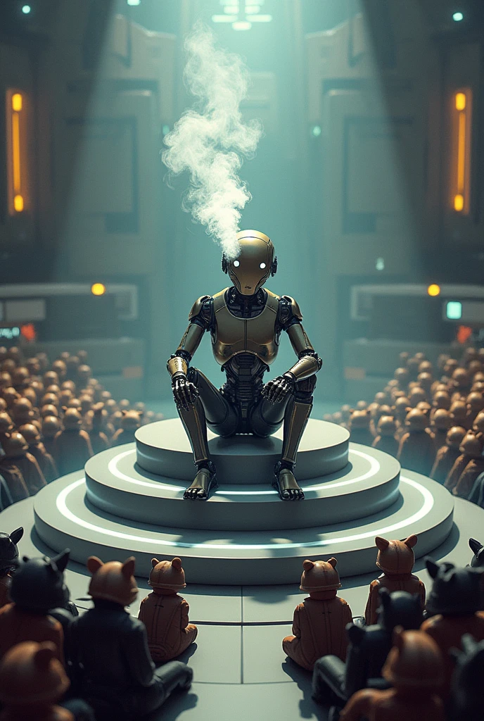 A sci-fi illustration featuring a robotic figure with a mechanical head sitting on a circular stage under a spotlight, taking a break from its speech. The robot is smoking, with smoke rising above its head. The audience, composed of robots with animal-shaped mechanical heads, waits eagerly. The entire scene is set in a futuristic, high-tech environment, with metallic tones and advanced technology elements enhancing the sci-fi atmosphere.