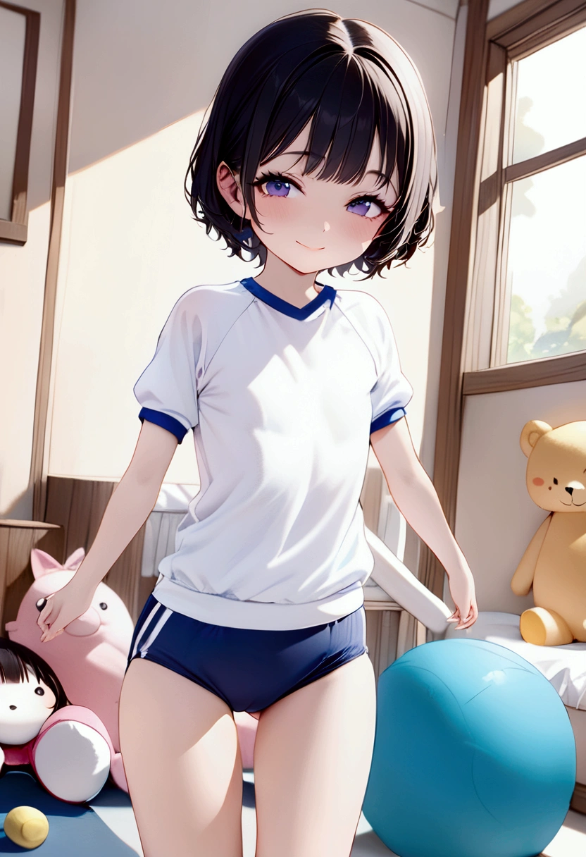 高いquality illustration, masterpiece, Very delicate and beautiful, masterpiece, Highest quality, High resolution, Very detailed, Perfect lighting、1 female、Very young、(Short Web Hair)、Black Hair、Flat Chest、Pink kids room、stuffed toy、(Gym suit)、Navy Blue Bloomers、smile