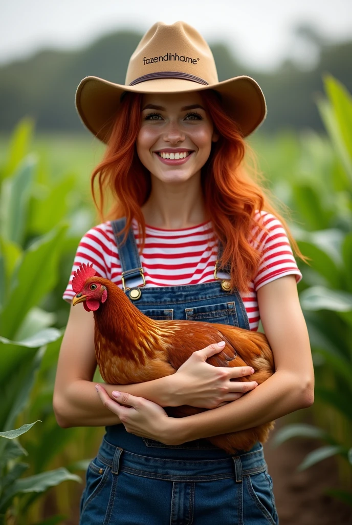 A red headed woman, around 21-2, just graduated in Agricultural engineering. She where's an overall with a t-shirt with red stripes on, she has a cowboy hat on with "fazendinha.me" logo on. She is holding a chicken, while she is standing up in a crop. She is Thin, she has dark eyes, and she is smiling. She is a latin young woman.
