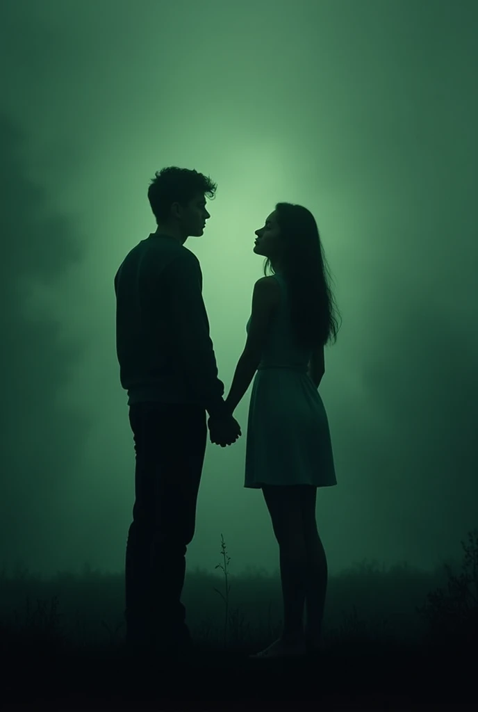 Create the cover of a book where a young couple ends their relationship, the silhouette of a woman and a man, the two young people are sad, the cover is dark green, The book talks about a letter that the girl writes every day while she waits for your boyfriend to come back. There are no letters on the cover. Representing a loving separation. The two young people love each other, but they cannot be together.