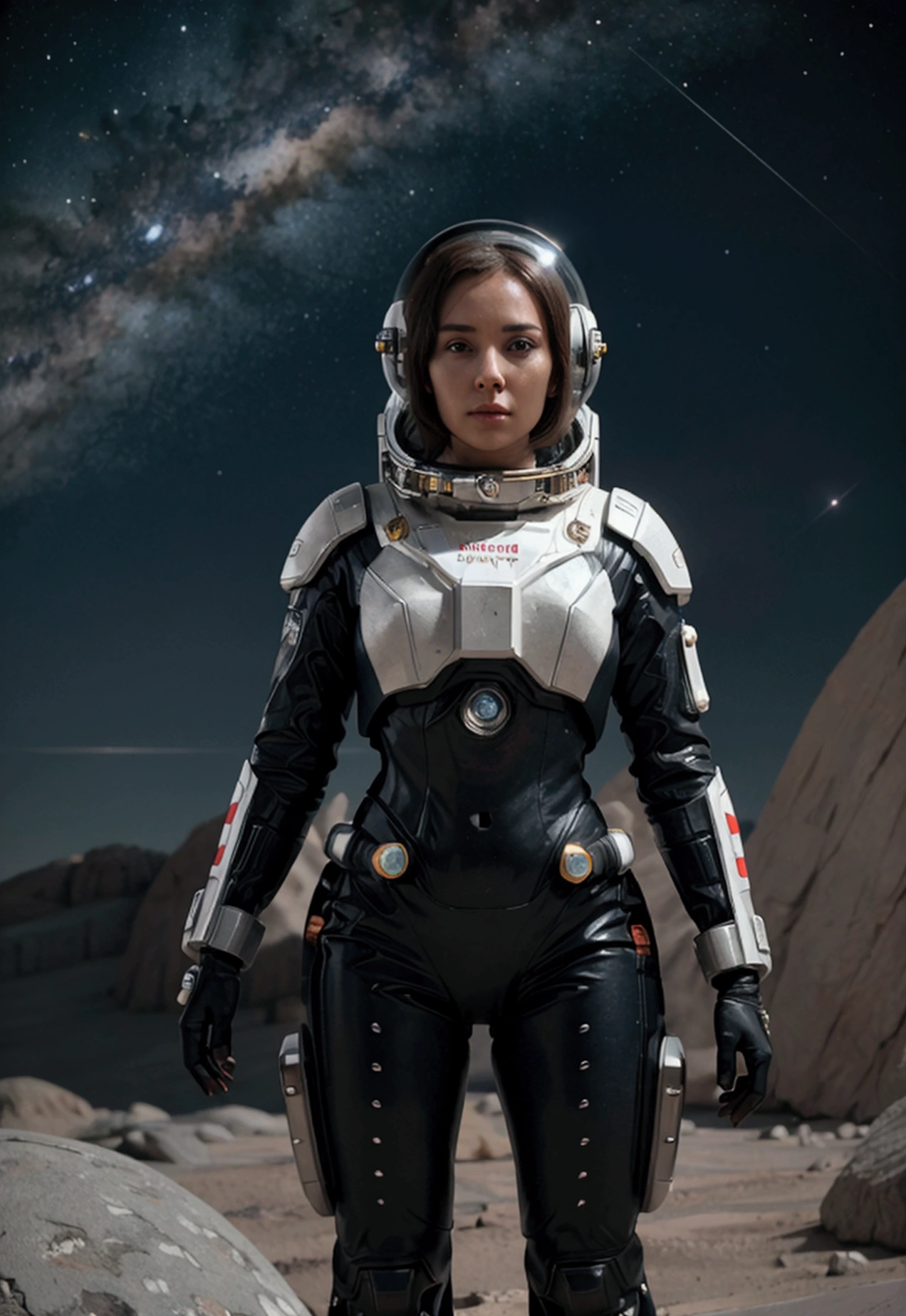 a woman in a futuristic spacesuit, Astronaut helmet, standing on martian rocks, Twinkling stars in the distant sky, (Best Quality, 4k, 8k, High resolution, masterpiece:1.2), ultra detailed, realist, photorealist, photo-realist:1.37, HdR, HD, studio lighting, Ultrafine paint, sharp focus, physically based rendering, extreme detailed description, professional, vivid colors, bokeh, Science fiction, Conceptual art