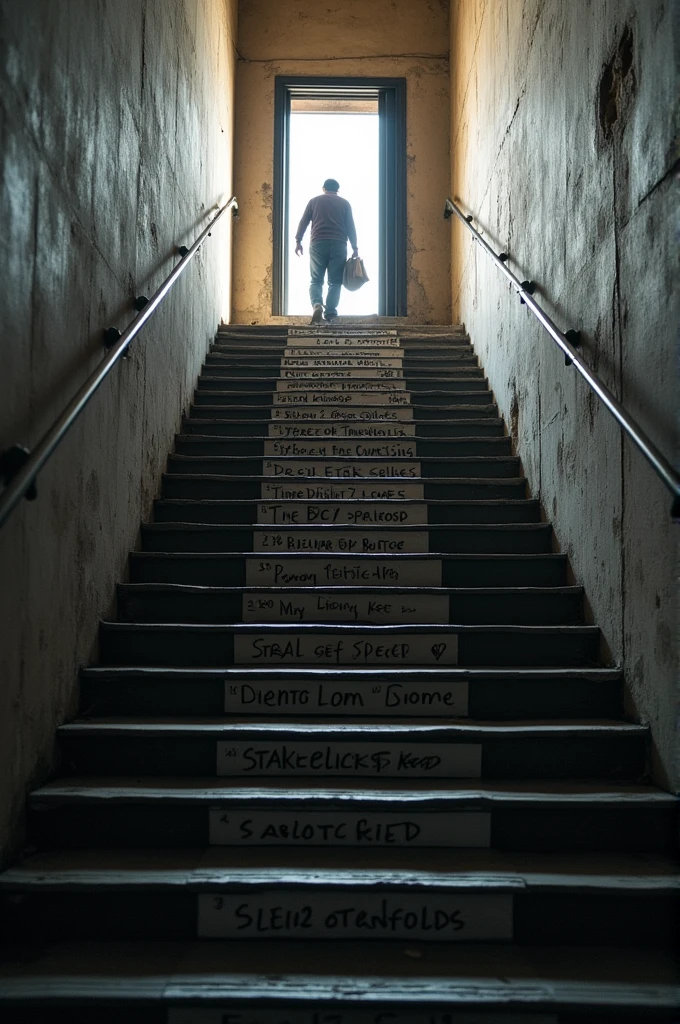 "Photo of a person climbing a steep staircase. Each step is marked with a whiteboard, where a challenge faced and overcome is written. The staircase is internal and gives access to a door. The walls on either side of the stairs are textured. "Brazilian Portuguese Language