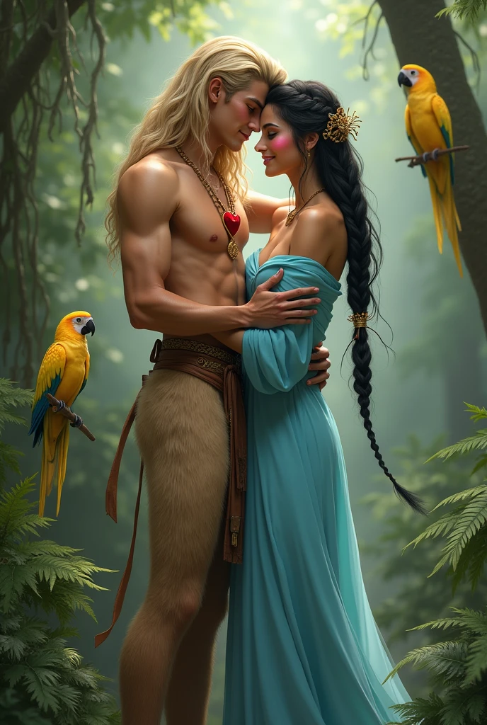 A handsome, thin young man with long beige hair down to his knees. He is bare-chested and tanned.. Legs are fluffy, covered with brown fur, all fur, he is still a faun or a satyr. He is very young.. Looks only . Facial features are masculine, Asian. He is thin built.. He has a red heart pendant on his . He is being embraced by a woman in a bright blue floor-length tunic.. The woman has black braids down to the ground. On the head is a translucent veil reaching to the floor. The woman's eyes are green. There is a brown belt on the tunic. Shoes women brown greek sandals. Woman smiling. She has tanned skin and a pink blush on her face.. Forest background with ferns. The woman has two braids down to the ground. In the background there is a yellow parrot 